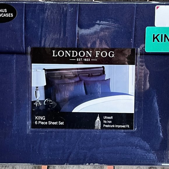 6-pc London Fog KING SIZE Sheet Set - NAVY BLUE  / 2 BONUS pillowcases - Picture 3 of 3